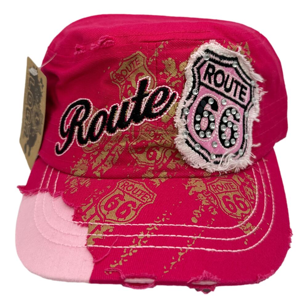Route 66 Round Top Distressed Army BDU Fatigue Baseball Cap Rhinestone Cadet Hat
